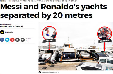 Роналду и Месси отдыхают на собственных яхтах в 20-ти метрах друг от друга